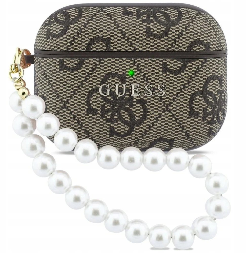 Guess PU 4G Classic Logo Pearl Strap dėklas skirtas Apple AirPods Pro 3 rudos spalvos
