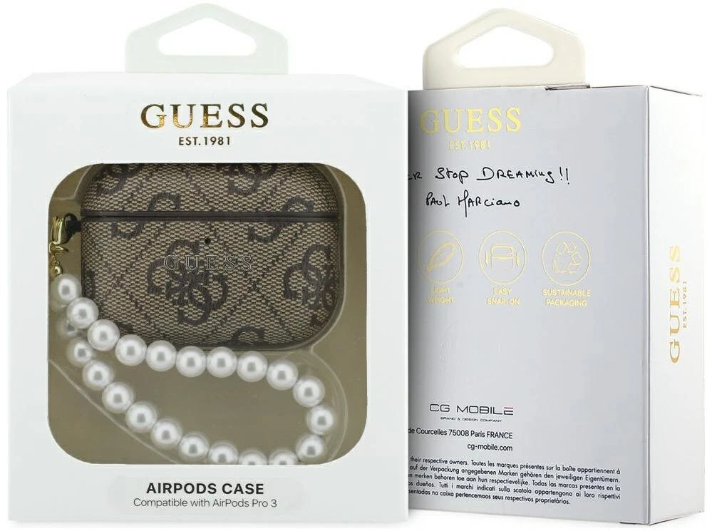 Guess PU 4G Classic Logo Pearl Strap dėklas skirtas Apple AirPods Pro 3 rudos spalvos
