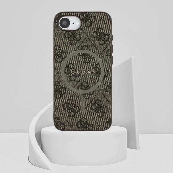 Guess PU Leather 4G Colored Ring MagSafe Apple iPhone 16e dėklas telefonui rudos spalvos