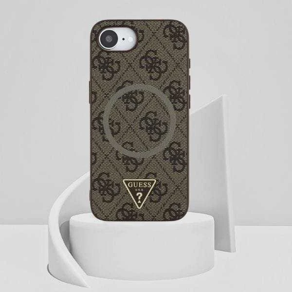 Guess PU 4G Strass Triangle Metal Logo Apple iPhone 16e dėklas telefonui rudos spalvos