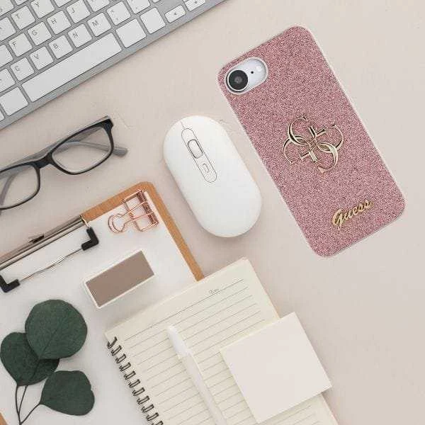 Guess PU Fixed Glitter 4G Metal Logo Apple iPhone 16e dėklas telefonui rožinės spalvos