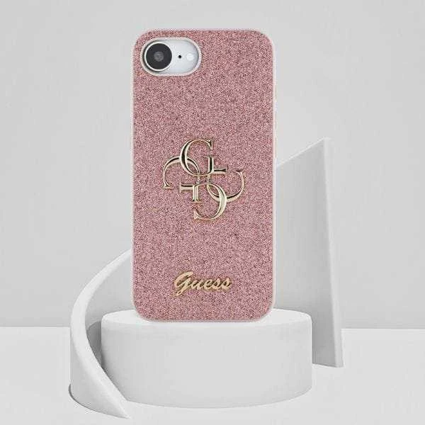 Guess PU Fixed Glitter 4G Metal Logo Apple iPhone 16e dėklas telefonui rožinės spalvos