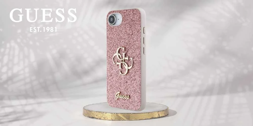 Guess PU Fixed Glitter 4G Metal Logo Apple iPhone 16e dėklas telefonui rožinės spalvos