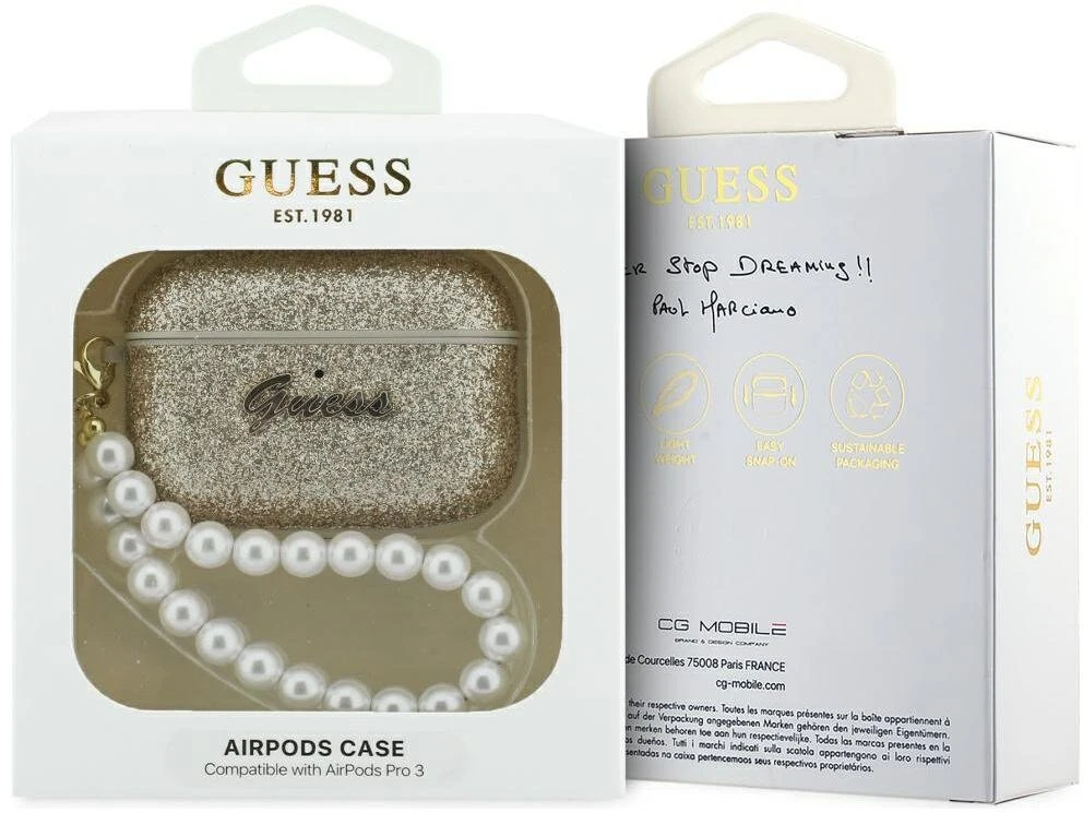 Dėklas „Guess“ blizgantis perlų dirželis, skirtas „AirPods Pro 3“ ausinėms – auksinis