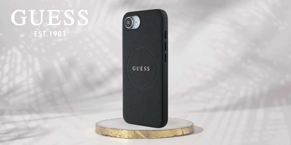 GUESS dėklas skirtas Apple iPhone 16e (SE 4 2025) suderinamas su MagSafe GUHMPSE4PGHSMMK (PU Grained Gold Ring) juodos spalvos