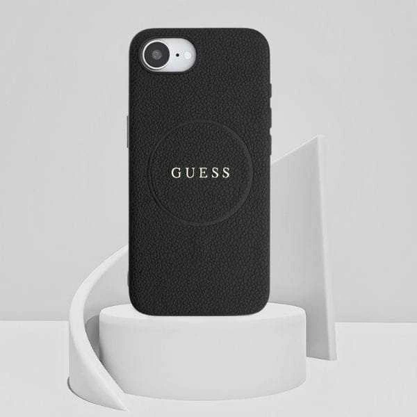 GUESS dėklas skirtas Apple iPhone 16e (SE 4 2025) suderinamas su MagSafe GUHMPSE4PGHSMMK (PU Grained Gold Ring) juodos spalvos