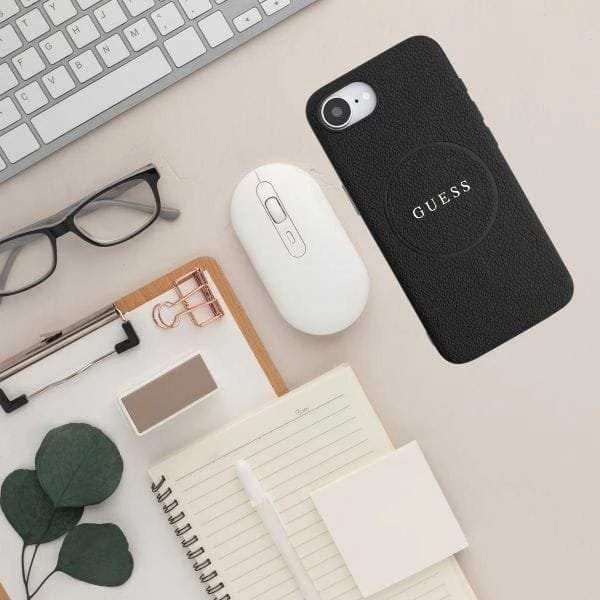 GUESS dėklas skirtas Apple iPhone 16e (SE 4 2025) suderinamas su MagSafe GUHMPSE4PGHSMMK (PU Grained Gold Ring) juodos spalvos