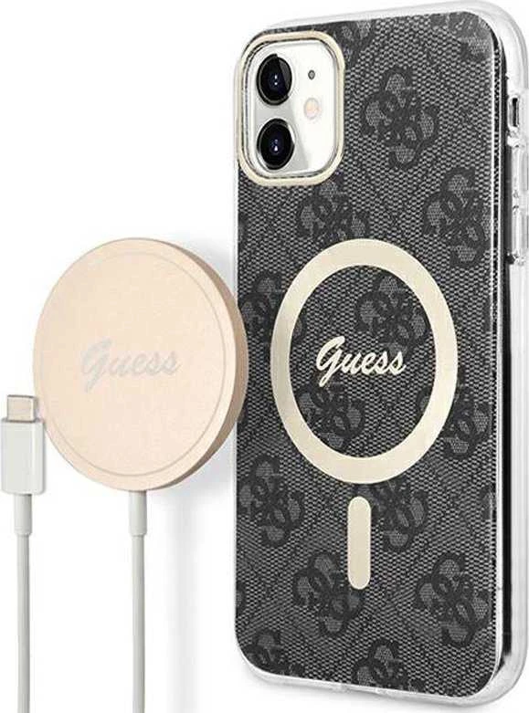 Guess Rinkinys GUBPN61H4EACSK Dėklas + Įkroviklis Apple iPhone 11 6.1″ juodos spalvos Hard Dėklas 4G Print MagSafe