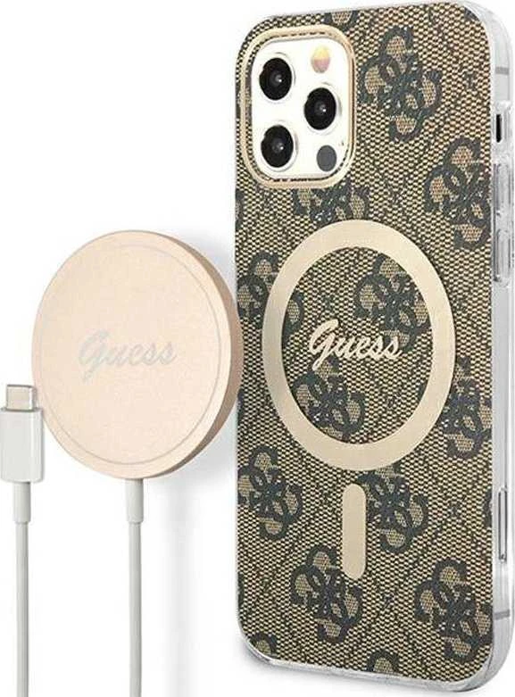 Guess Rinkinys GUBPP12MH4EACSW Dėklas+ Įkroviklis Apple iPhone 12/12 Pro rudos spalvos kietas dėklas 4G Print MagSafe