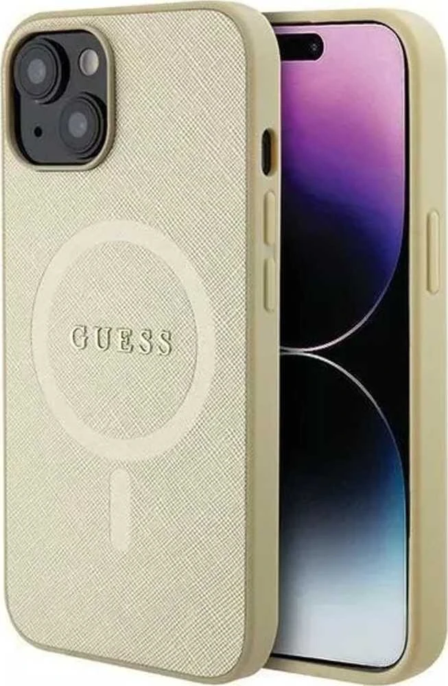 Guess GUHMP15MPSAHMCB Apple iPhone 15 Plus/ 14 Plus 6.7″ auksinis kietas dėklas Saffiano MagSafe