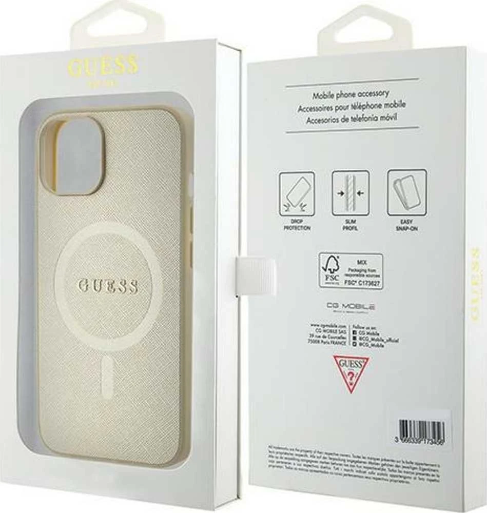 Guess GUHMP15MPSAHMCB Apple iPhone 15 Plus/ 14 Plus 6.7″ auksinis kietas dėklas Saffiano MagSafe