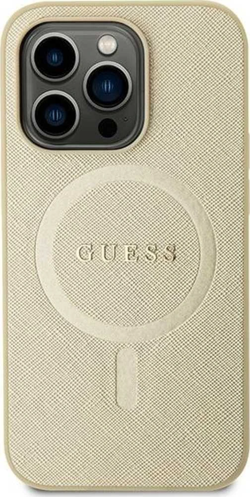 Guess GUHMP15MPSAHMCB Apple iPhone 15 Plus/ 14 Plus 6.7″ auksinis kietas dėklas Saffiano MagSafe