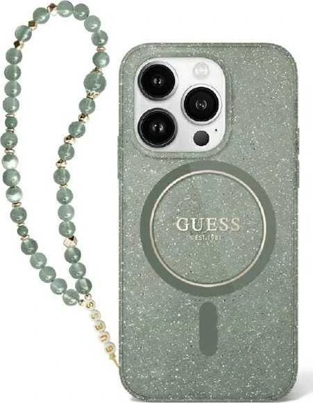 Guess GUHMP16MHGCRELSA Apple iPhone 16 Plus 6.7" žalios spalvos kietas dėklas IML Glitter With Pearl Strap MagSafe