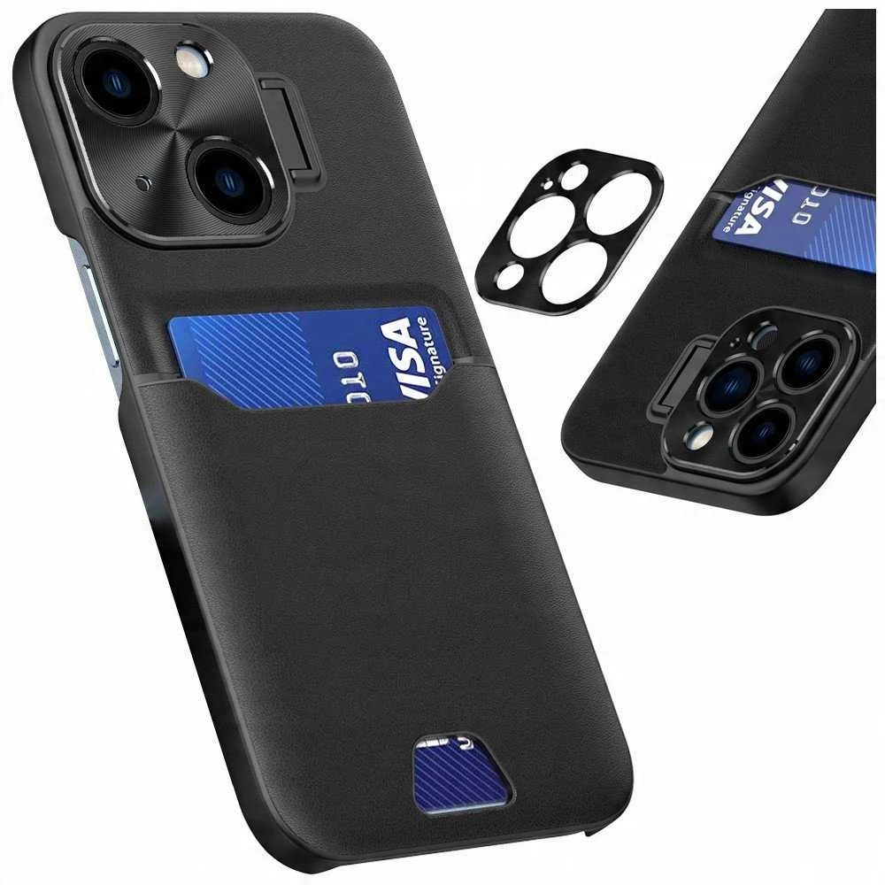 Hurtel Leather Stand dėklas case Apple iPhone 14 Plus cover card wallet with stand dėklas telefonui juodos spalvos