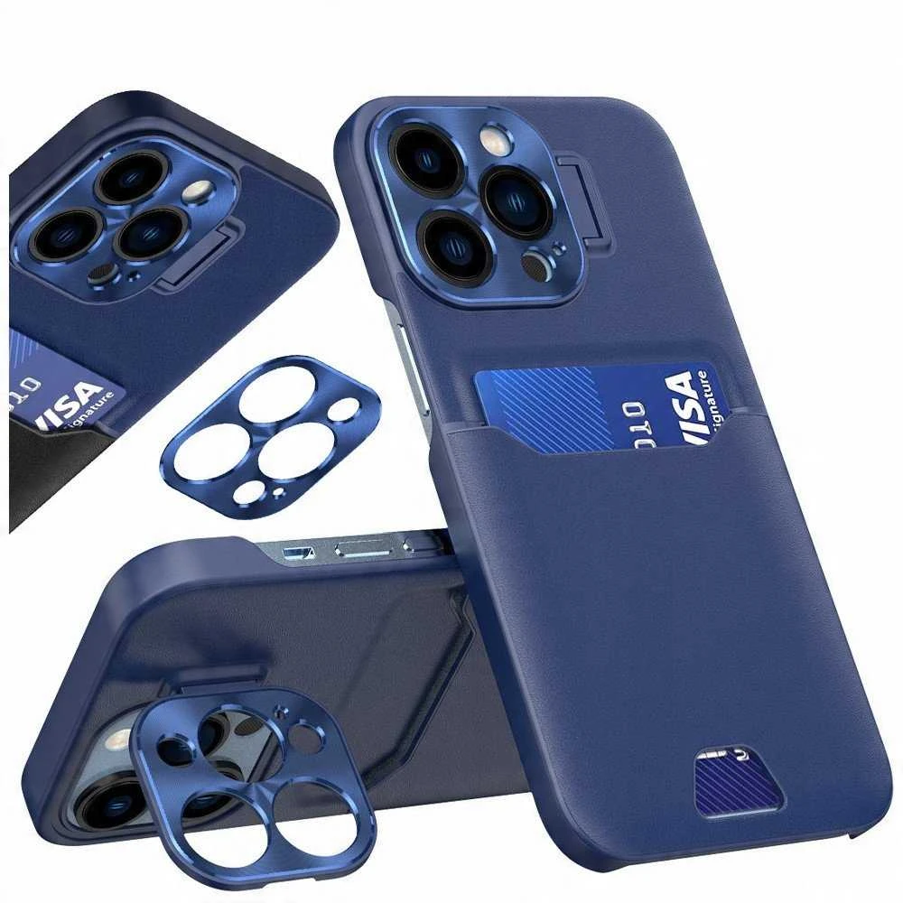 „Hurtel“ odinis stovas „Samsung Galaxy S23“ dėklas, kortelės piniginė su stovu, mėlynos spalvos