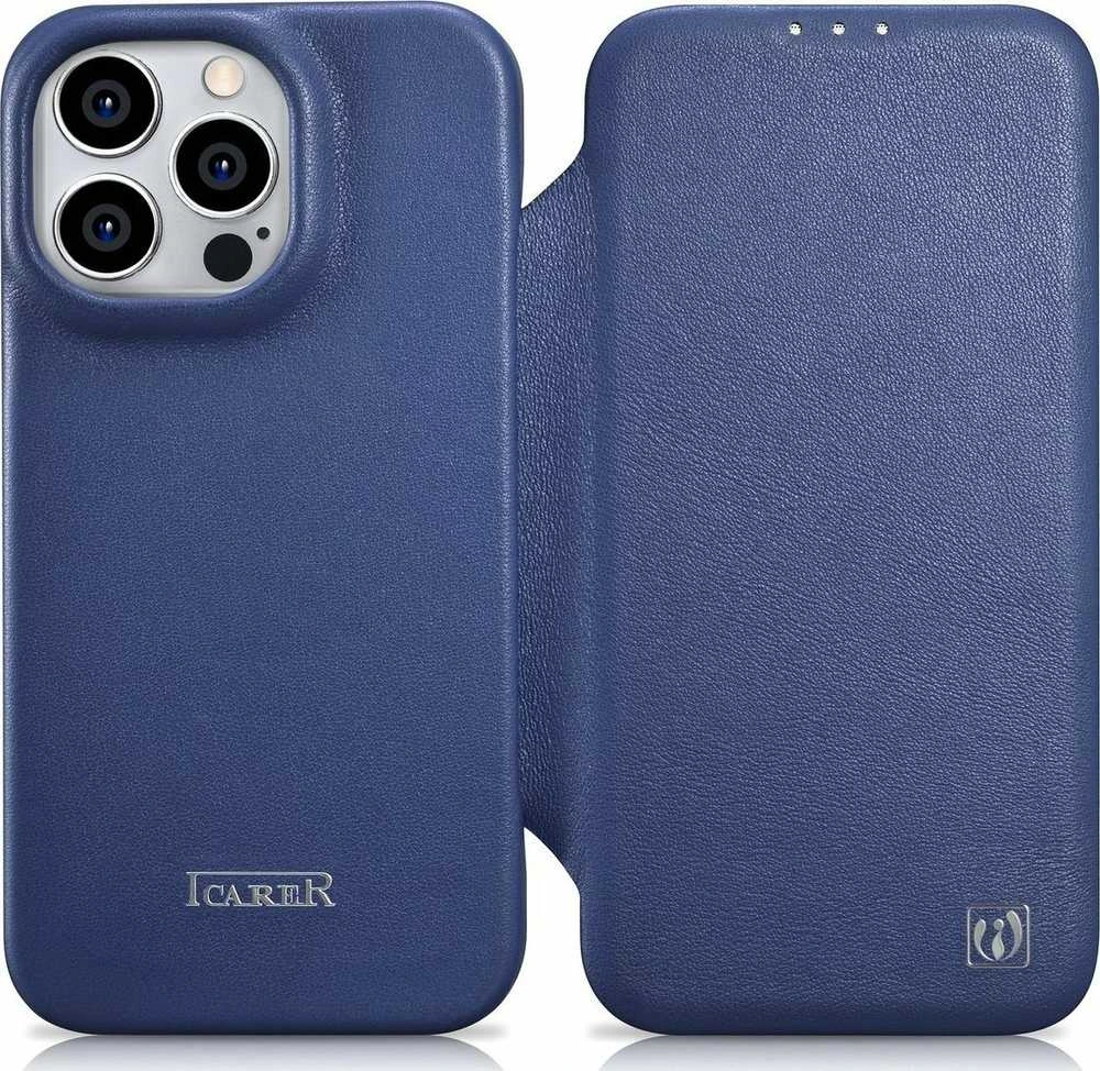 iCarer CE Premium Leather Apple iPhone 14 Pro Magnetic atverčiamas Leather MagSafe dėklas telefonui mėlynos spalvos (WMI14220714-BU)
