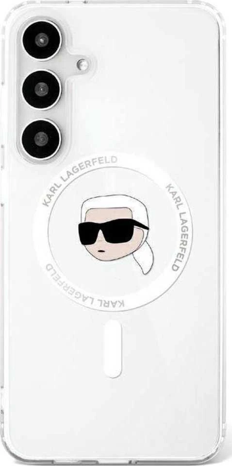 Karl Lagerfeld Button Karl Head Printed Logo MagSafe Samsung Galaxy S25 dėklas telefonui baltos spalvos