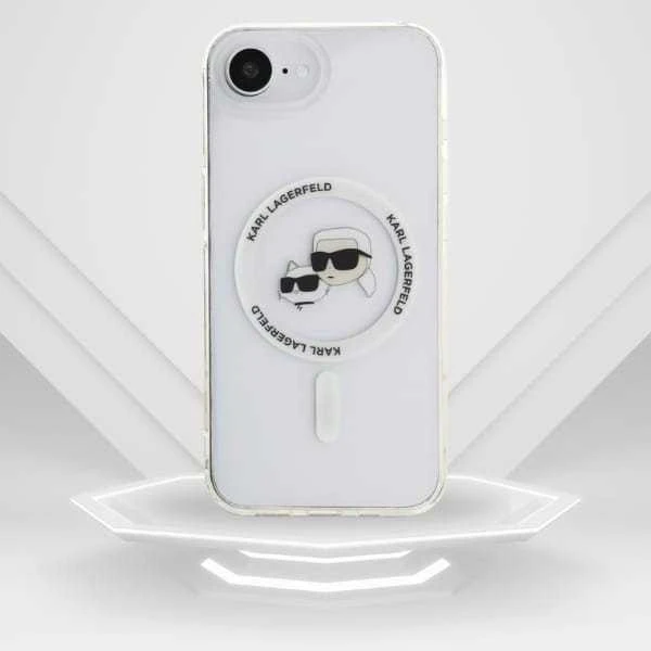 Karl Lagerfeld IML metalinis Karl & Choupette Heads MagSafe iPhone 16e dėklas - Baltas