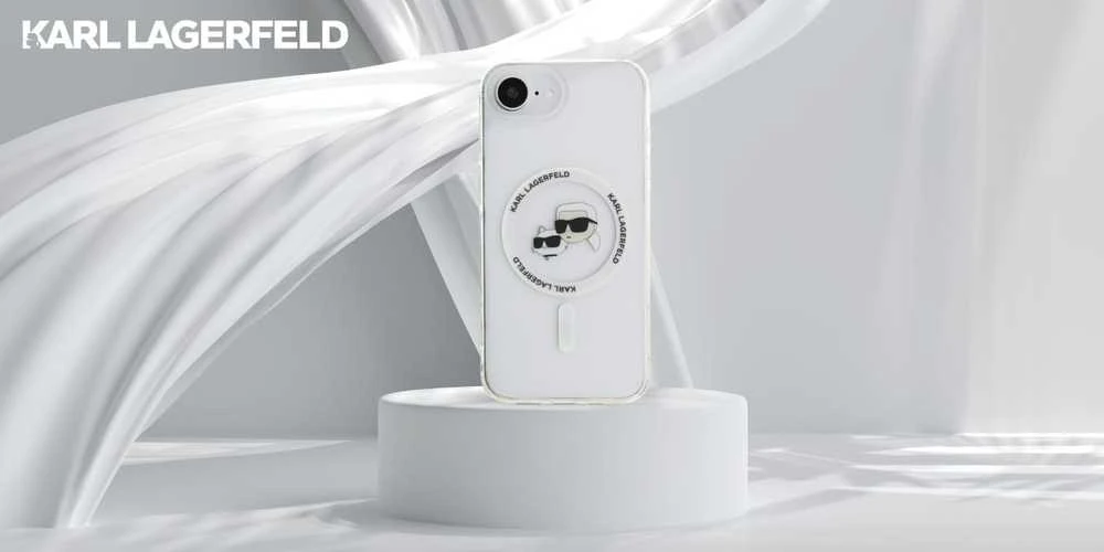 Karl Lagerfeld IML metalinis Karl & Choupette Heads MagSafe iPhone 16e dėklas - Baltas