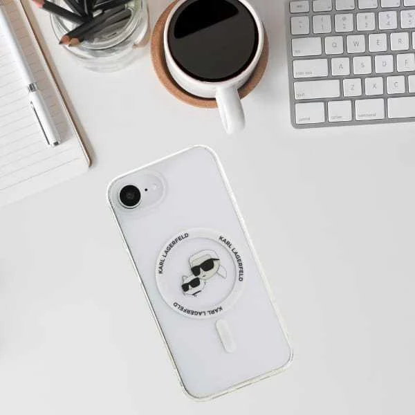 Karl Lagerfeld IML metalinis Karl & Choupette Heads MagSafe iPhone 16e dėklas - Baltas