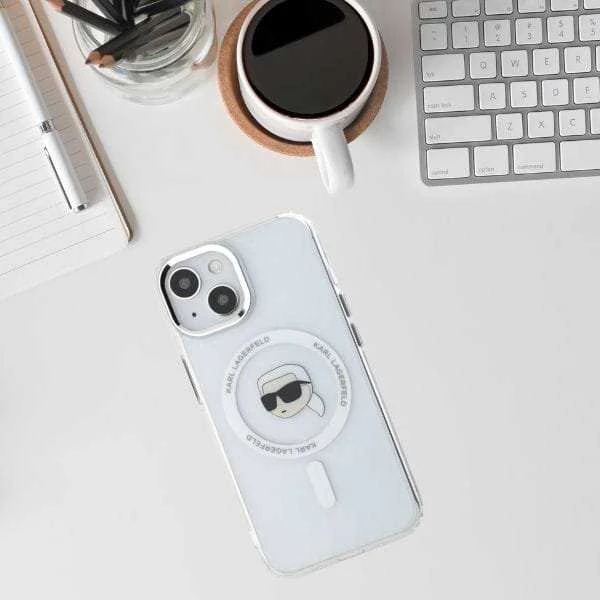 Dėklas Karl Lagerfeld IML Metal Karl Head MagSafe Apple iPhone 15 Plus baltos spalvos