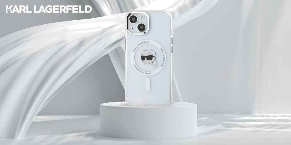 Dėklas Karl Lagerfeld IML Metal Karl Head MagSafe Apple iPhone 15 baltos spalvos