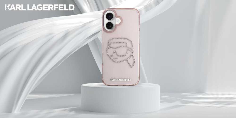 Karl Lagerfeld IML Rhinestones Karl Head Apple iPhone 16 dėklas telefonui rožinės spalvos