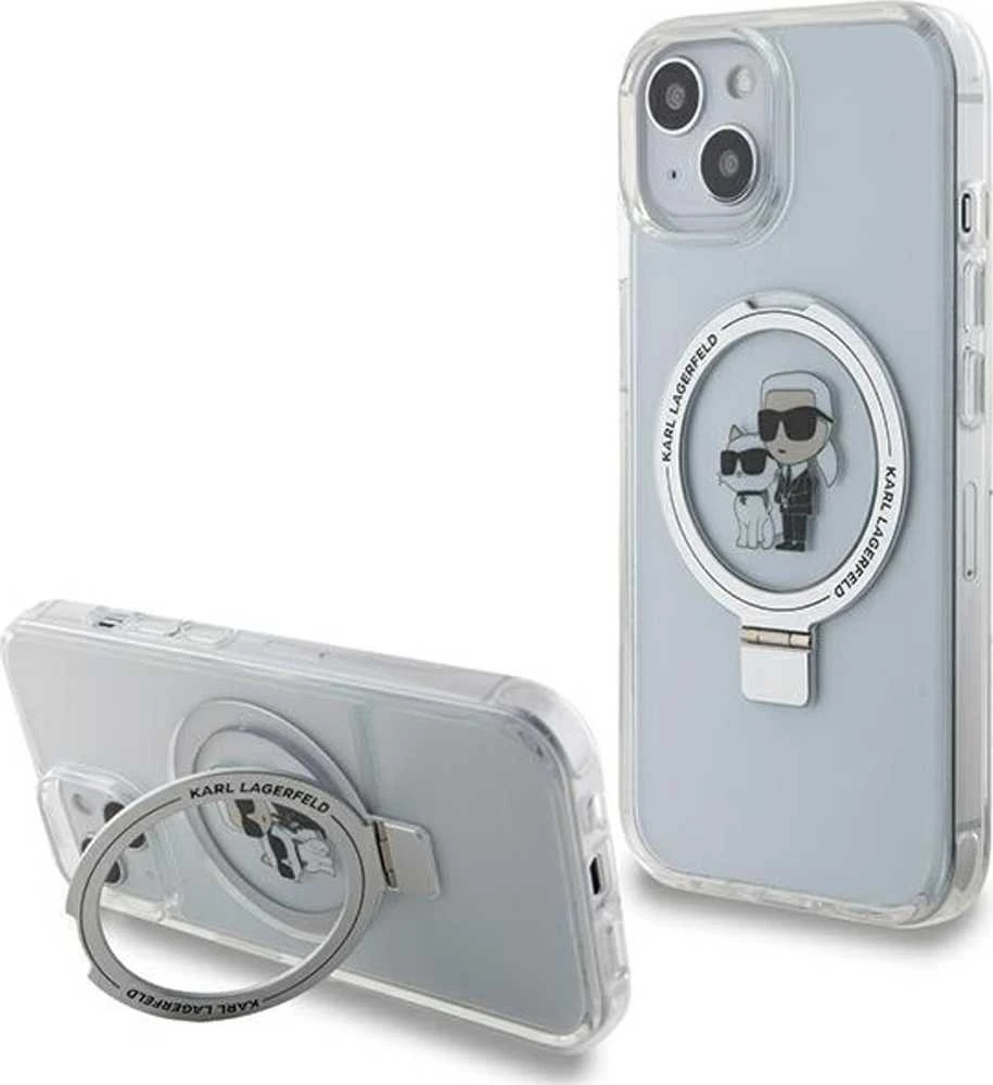 Karl Lagerfeld KLHMP15SHMRSKCH Apple iPhone 15/ 14 / 13 6.1″ baltos spalvos kietas dėklas Ring Stand Karl&Choupett