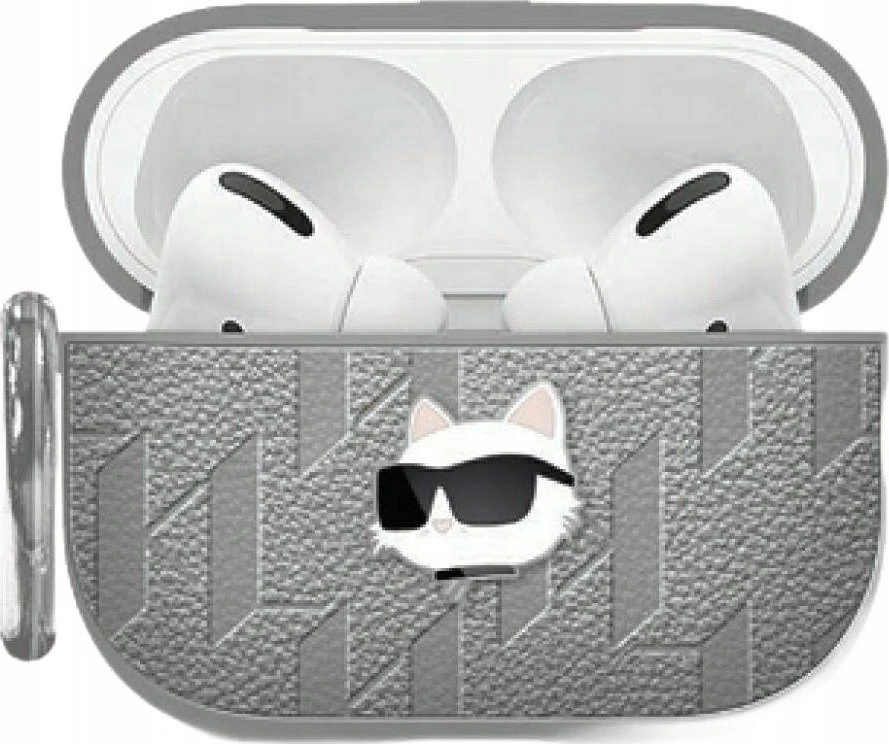 Dėklas Karl Lagerfeld Monogram Choupette Head AirPods 4 sidabro spalvos