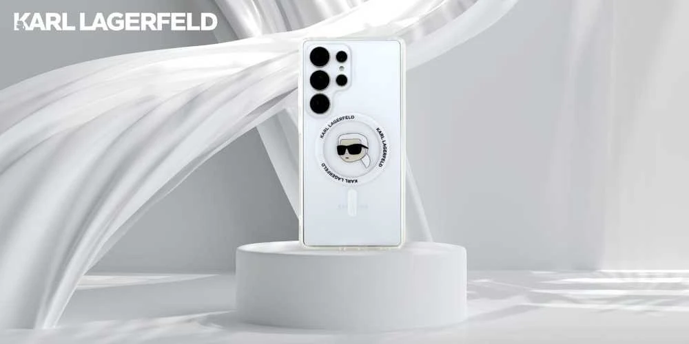 Dėklas Karl Lagerfeld Button Karl Head Printed Logo MagSafe Samsung Galaxy S25 Ultra baltos spalvos