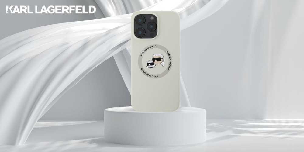 Dėklas Karl Lagerfeld Liquid silikoninis K&CH Heads MagSafe Apple iPhone 16 Pro rusvai gelsvas