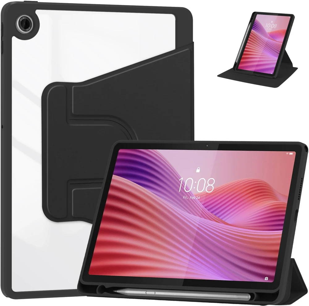 Planšetinio kompiuterio dėklas 4kom.pl 360 Crystal, skirtas Lenovo Tab 10.1 2025, juodas – apsauginis su stovu, prieiga prie prievadų ir mygtukų
