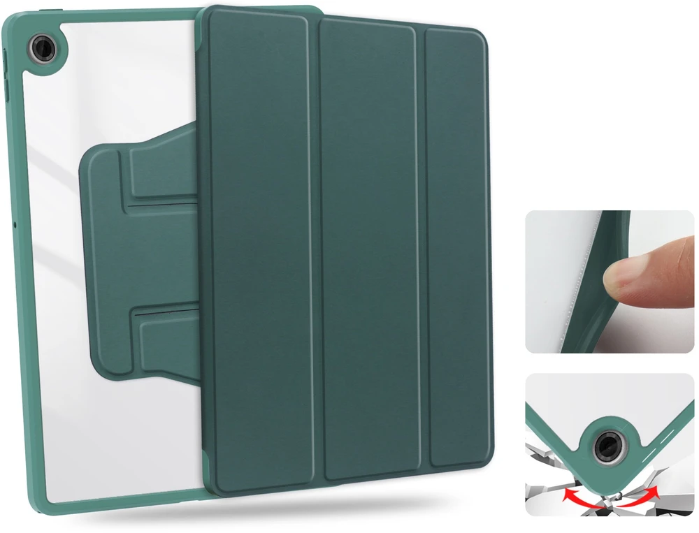 Planšetinio kompiuterio dėklas 4kom.pl 360 Crystal, skirtas Lenovo Tab 10.1 2025, žalias - apsauginis su stovu, prieiga prie portų ir mygtukų