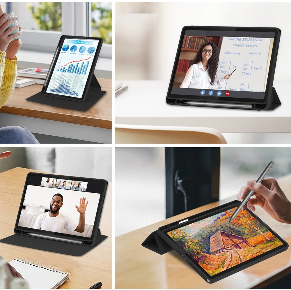 Planšetinio kompiuterio dėklas 4kom.pl 360 Crystal, skirtas Lenovo Tab 10.1 2025, juodas – apsauginis su stovu, prieiga prie prievadų ir mygtukų