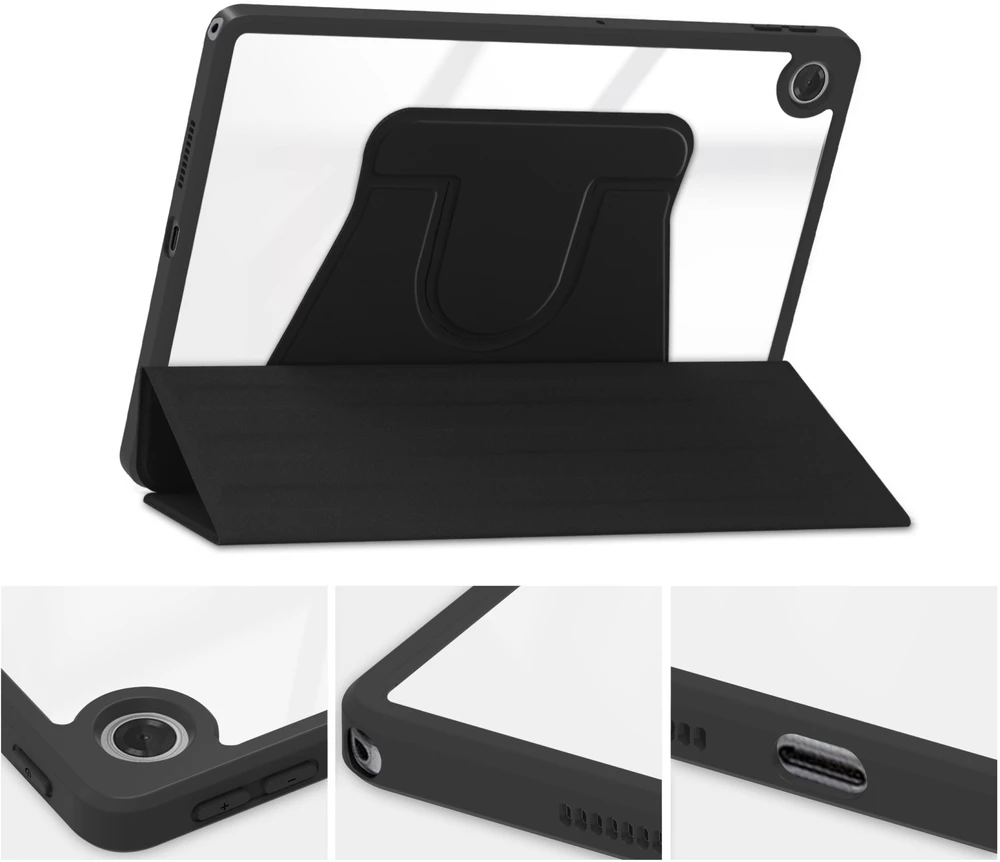 Planšetinio kompiuterio dėklas 4kom.pl 360 Crystal, skirtas Lenovo Tab 10.1 2025, juodas – apsauginis su stovu, prieiga prie prievadų ir mygtukų