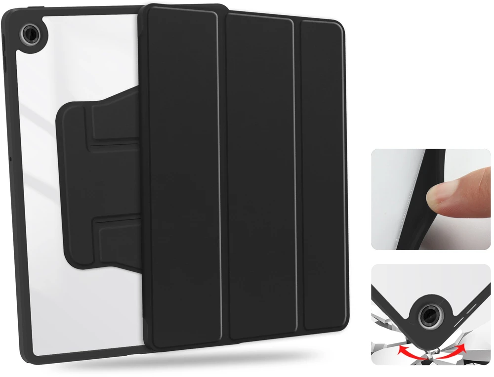 Planšetinio kompiuterio dėklas 4kom.pl 360 Crystal, skirtas Lenovo Tab 10.1 2025, juodas – apsauginis su stovu, prieiga prie prievadų ir mygtukų