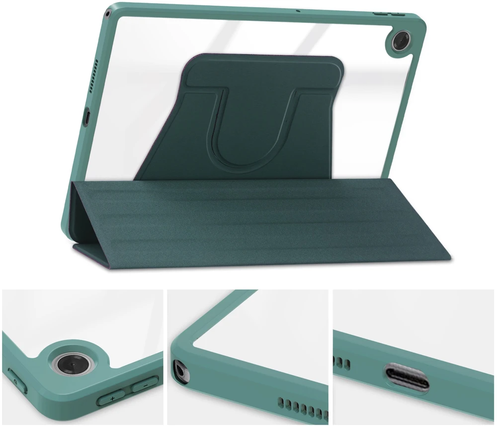 Planšetinio kompiuterio dėklas 4kom.pl 360 Crystal, skirtas Lenovo Tab 10.1 2025, žalias - apsauginis su stovu, prieiga prie portų ir mygtukų