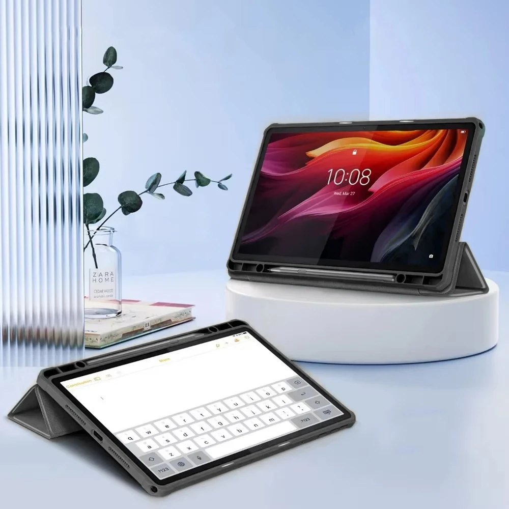 Planšetinio kompiuterio dėklas 4kom.pl Clear Pieštukas, skirtas Lenovo K11 Plus, juodas – apsauginis su stovu, prieiga prie portų ir mygtukų