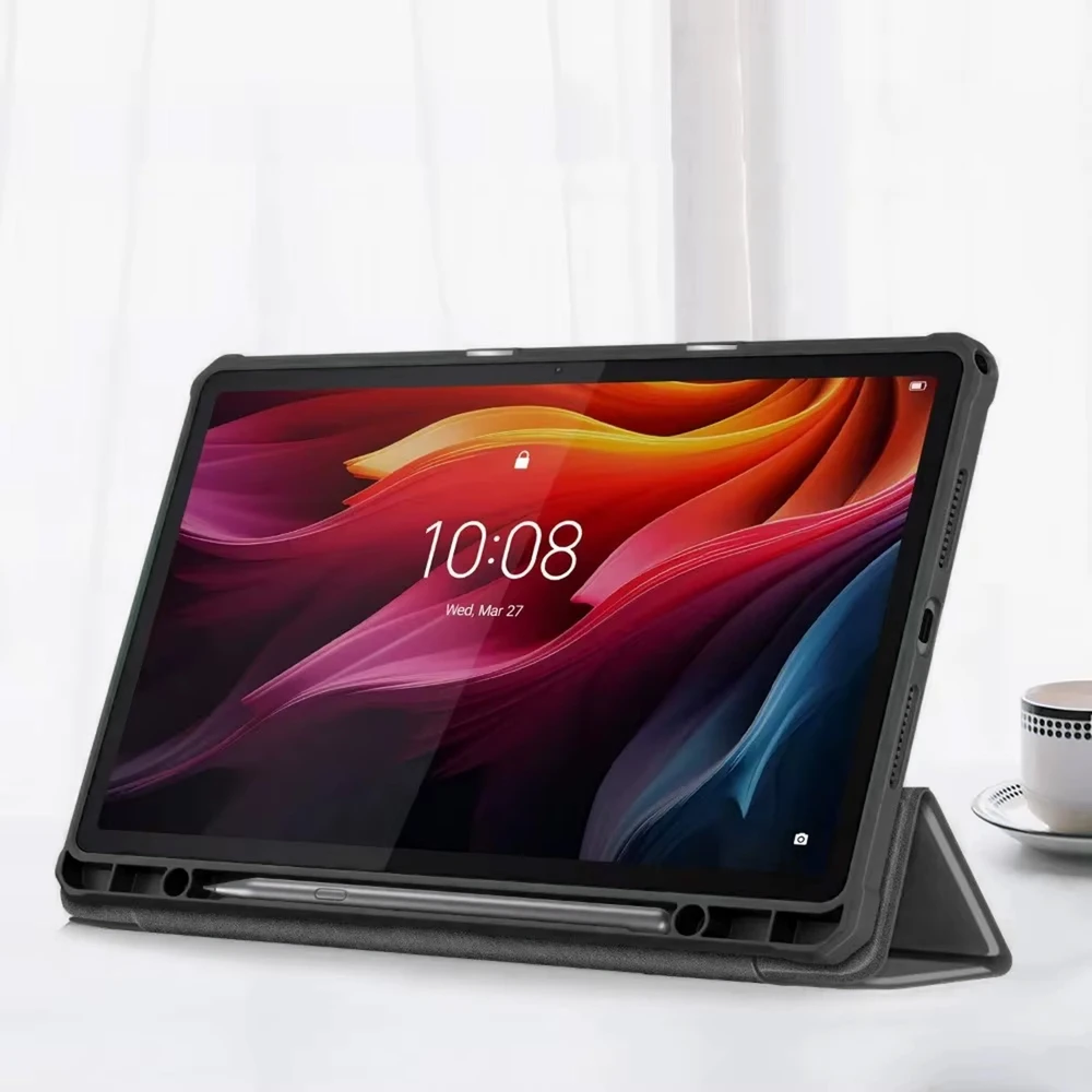 Planšetinio kompiuterio dėklas 4kom.pl Clear Pieštukas, skirtas Lenovo K11 Plus, juodas – apsauginis su stovu, prieiga prie portų ir mygtukų