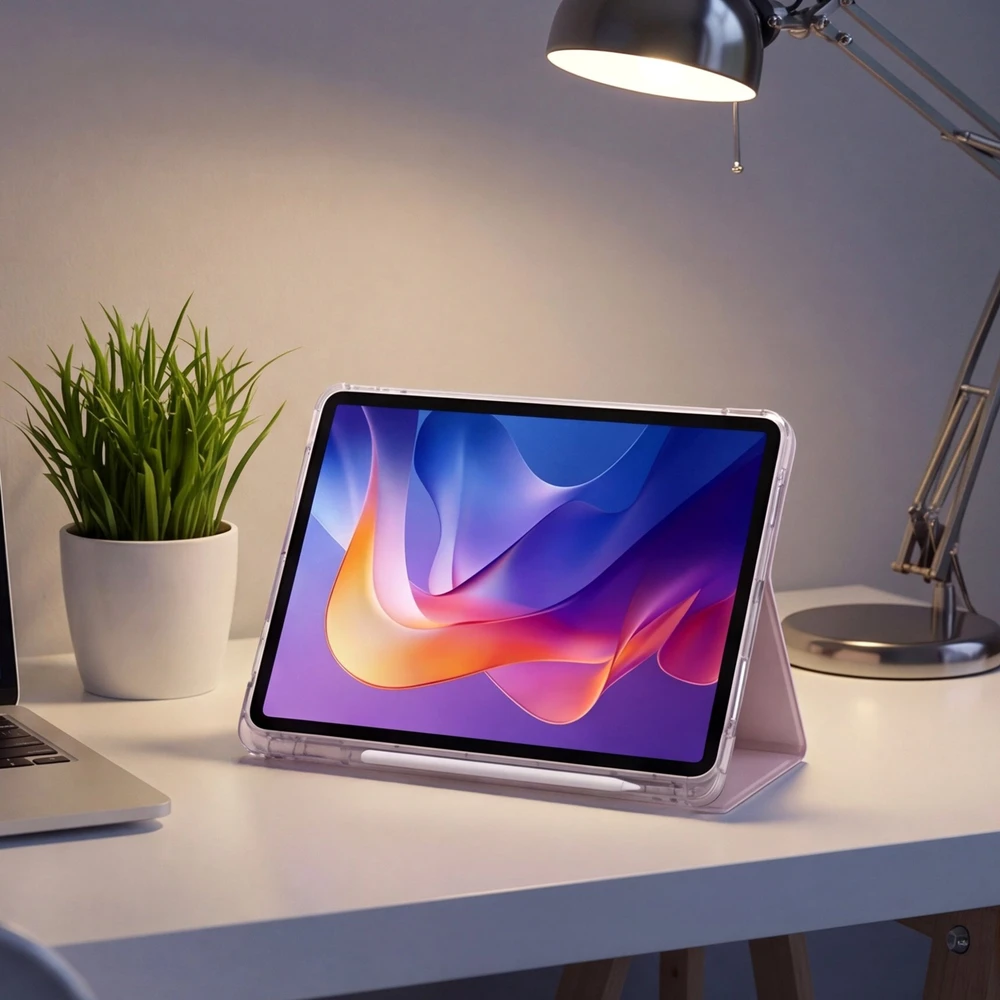Dėklas na tablet 4kom.pl Do Xiaomi Redmi Pad 2 11 2025 - skaidrus su miejscem na rysik i podstawką, rožinė