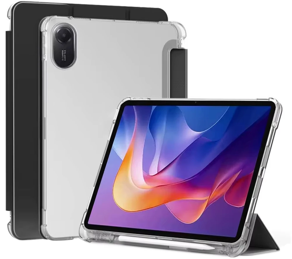 Planšetinio kompiuterio dėklas 4kom.pl Dėklas, skirtas „Xiaomi Redmi Pad 2 11 2025“ – skaidrus su vieta rašikliui ir stovui, juodas