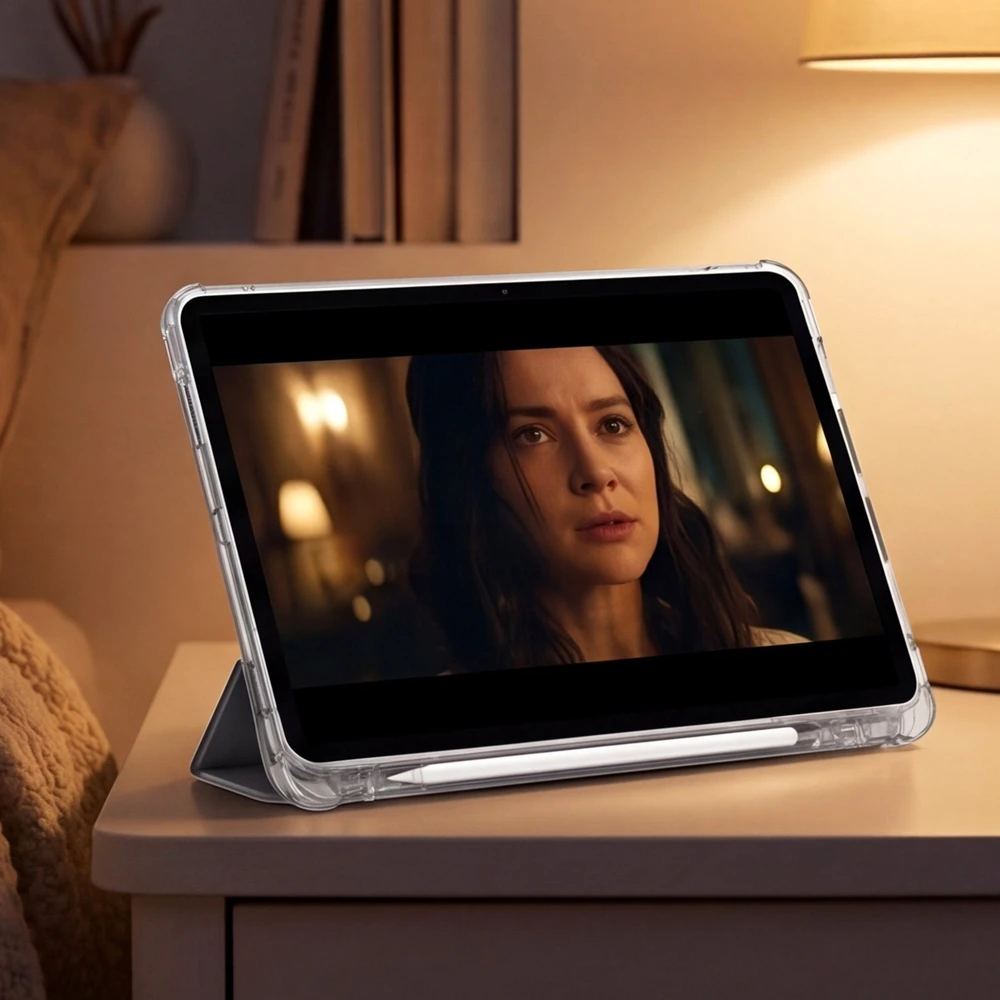 Planšetinio kompiuterio dėklas 4kom.pl Dėklas, skirtas „Xiaomi Redmi Pad 2 11 2025“ – skaidrus su vieta rašikliui ir stovui, juodas
