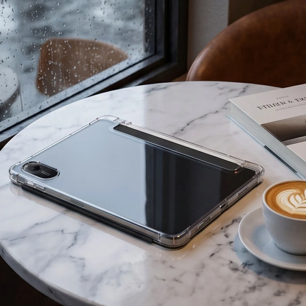 Planšetinio kompiuterio dėklas 4kom.pl Dėklas, skirtas „Xiaomi Redmi Pad 2 11 2025“ – skaidrus su vieta rašikliui ir stovui, juodas