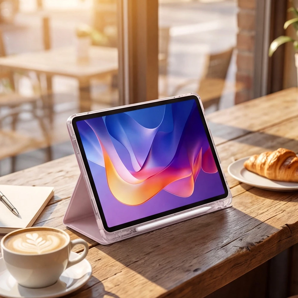 Dėklas na tablet 4kom.pl Do Xiaomi Redmi Pad 2 11 2025 - skaidrus su miejscem na rysik i podstawką, rožinė