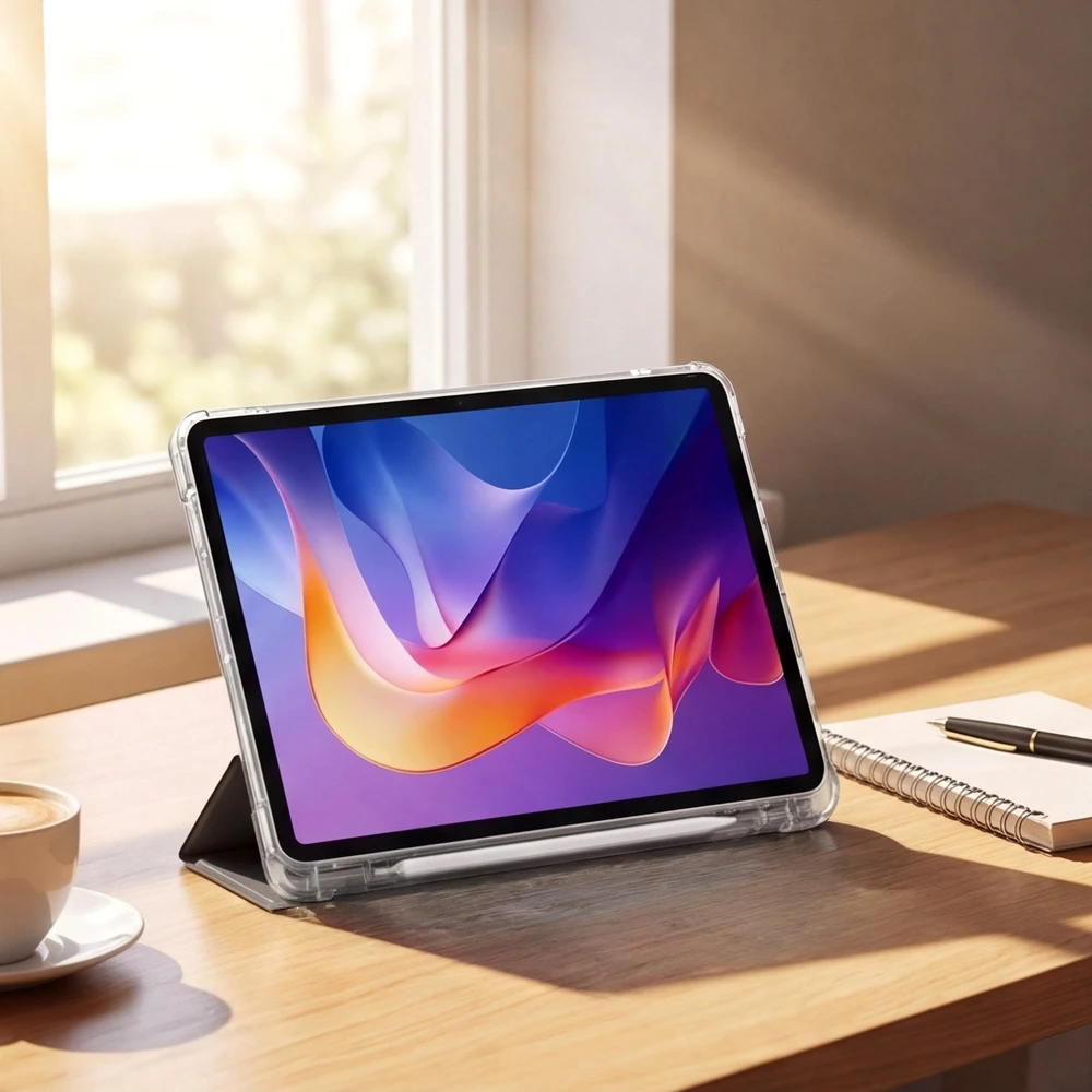 Planšetinio kompiuterio dėklas 4kom.pl Dėklas, skirtas „Xiaomi Redmi Pad 2 11 2025“ – skaidrus su vieta rašikliui ir stovui, juodas