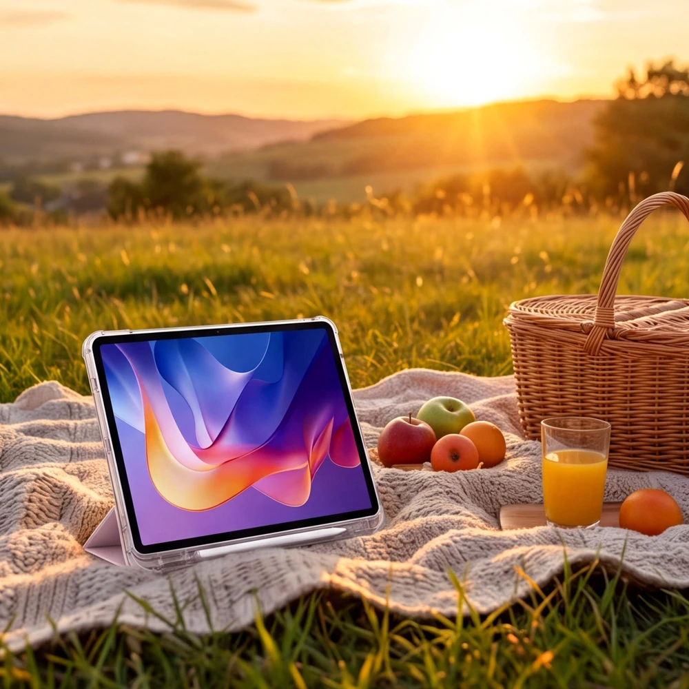 Dėklas na tablet 4kom.pl Do Xiaomi Redmi Pad 2 11 2025 - skaidrus su miejscem na rysik i podstawką, rožinė