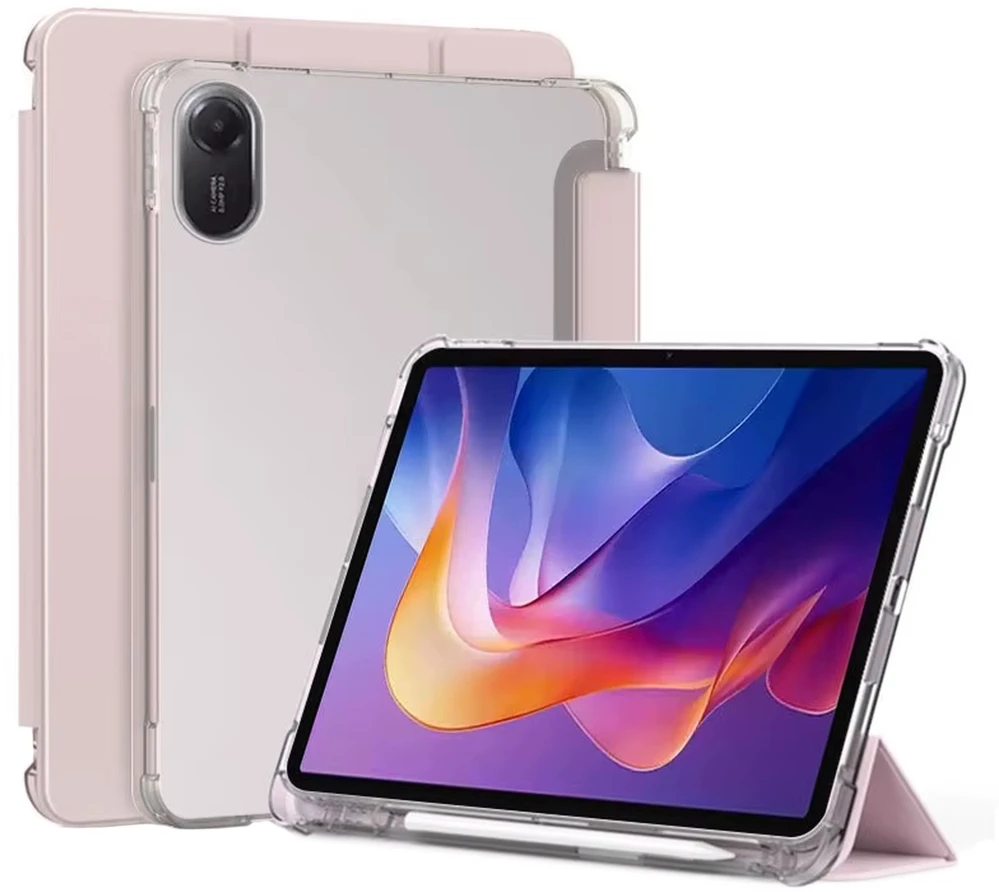 Dėklas na tablet 4kom.pl Do Xiaomi Redmi Pad 2 11 2025 - skaidrus su miejscem na rysik i podstawką, rožinė