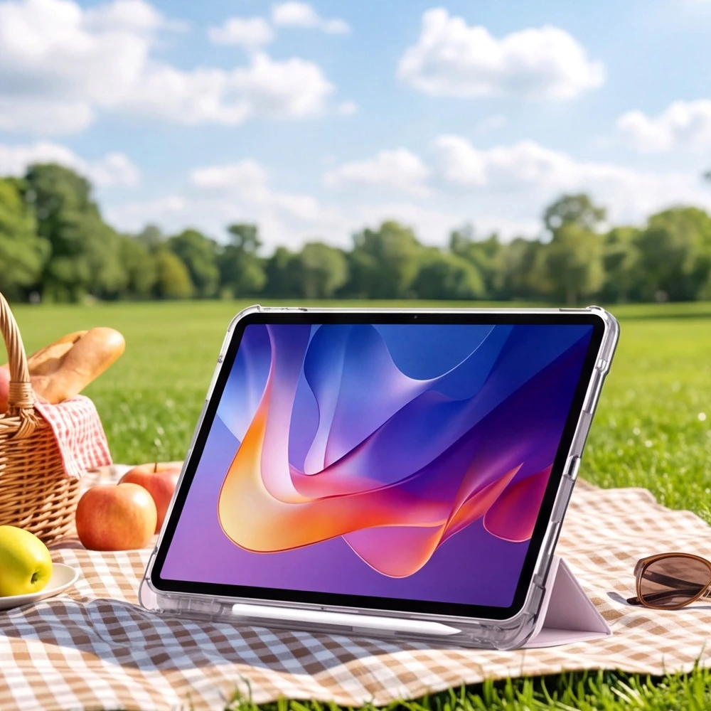 Dėklas na tablet 4kom.pl Do Xiaomi Redmi Pad 2 11 2025 - skaidrus su miejscem na rysik i podstawką, rožinė