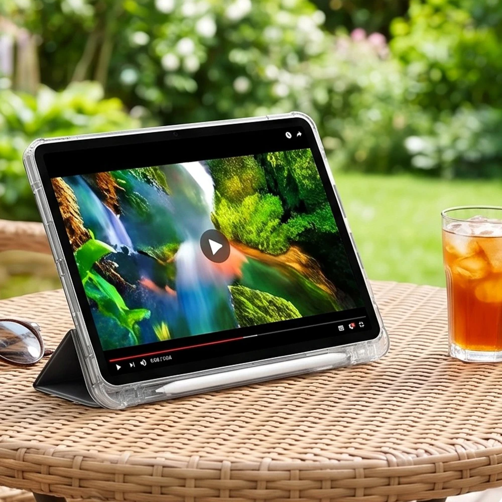 Planšetinio kompiuterio dėklas 4kom.pl skirta Xiaomi Redmi Pad 2 11 2025 – permatomas su vieta rašikliui ir stovu, juodas