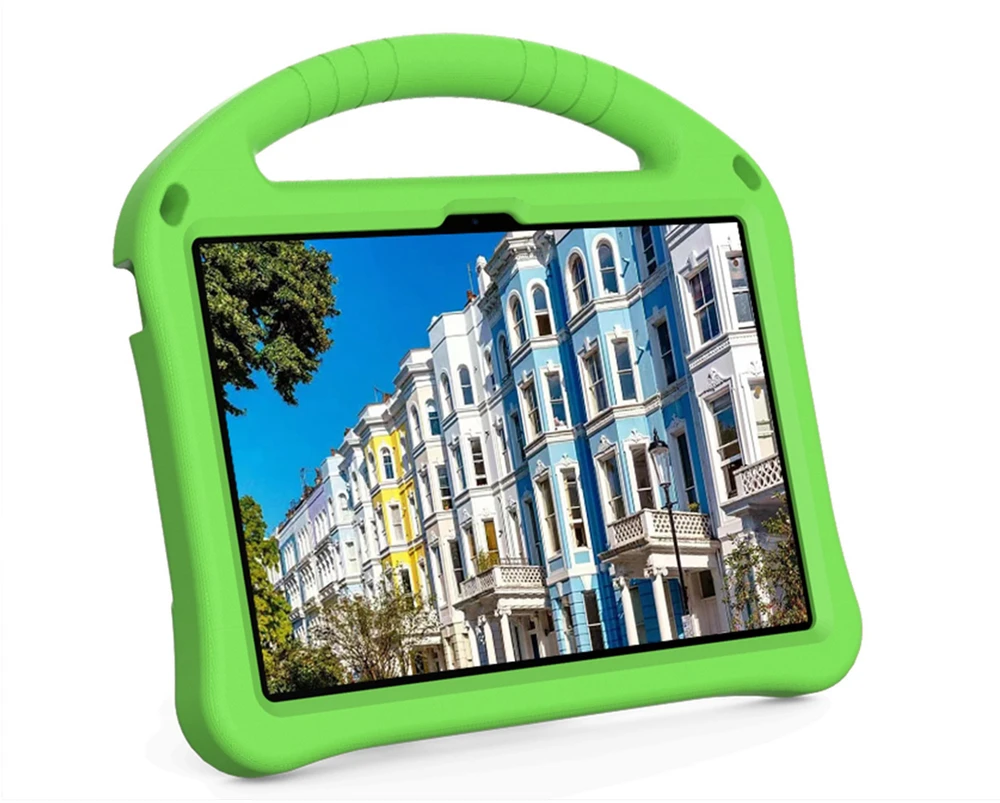 Planšetinio kompiuterio dėklas 4kom.pl FunColor skirtas Lenovo Tab 10.1 2025, žalias – apsauginis su stovu, prieiga prie prievadų ir mygtukų